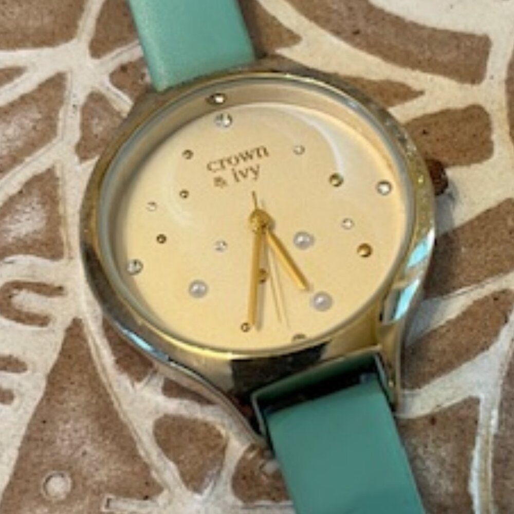 CROWN & IVY | Pearl Glitz Watch with Light Blue/Turquoise Leather Band-EUC